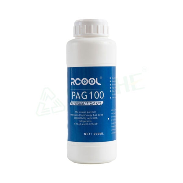 White bottle of RCOOL PAG 100 refrigerant oil with blue label for HVAC systems.